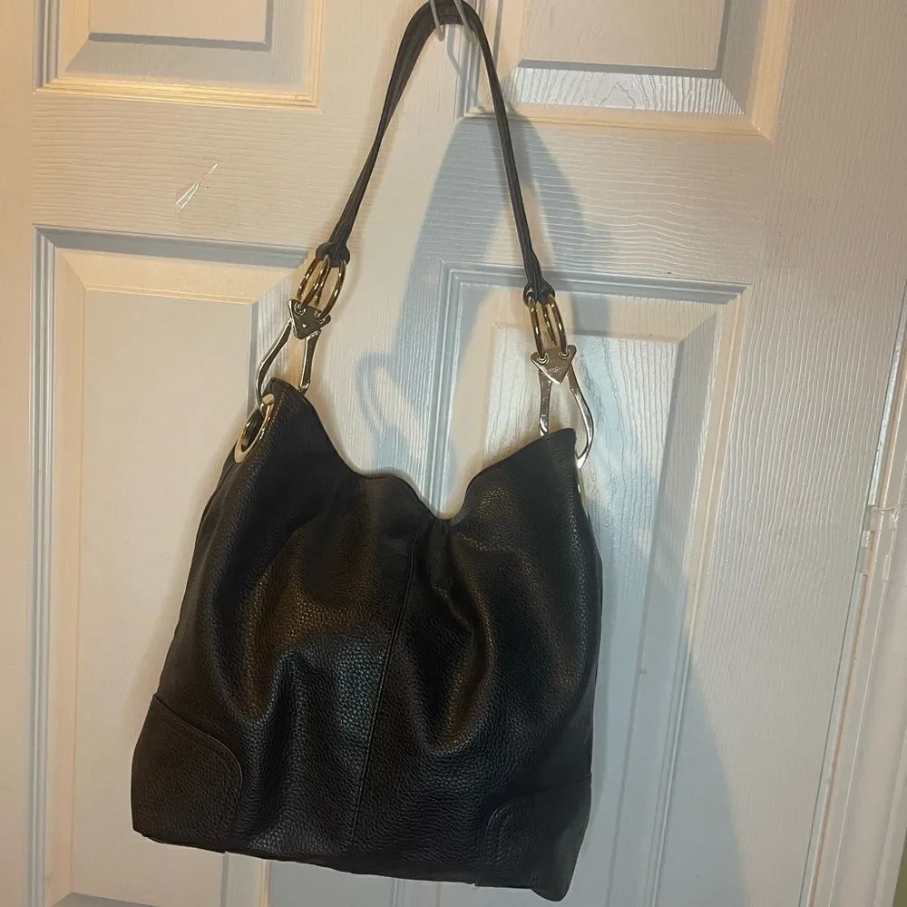 Dasein synthetic leather Black hobo shoulder bag with Bold gold tone hardwares